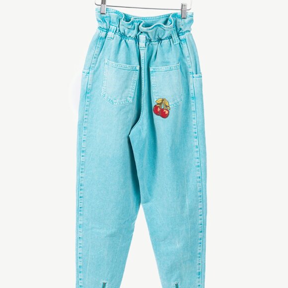 Gucci PF/19 Blue Embroidered Cherry Tapered Paperbag-Waist Jeans - Picture 3 of 16